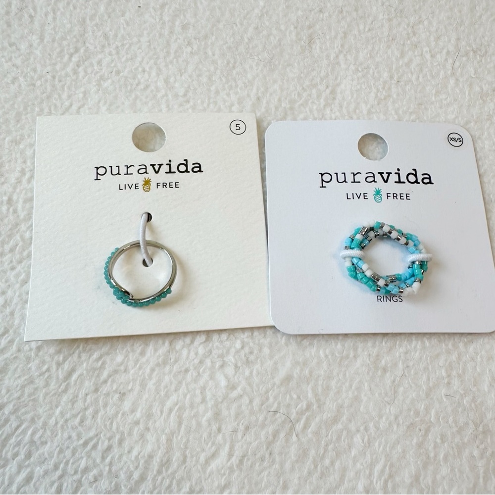 Pura Vida NWT Lot of Two Blue Rings Seed Bead Wave Ring and Elastic Ring, 5 XS/S